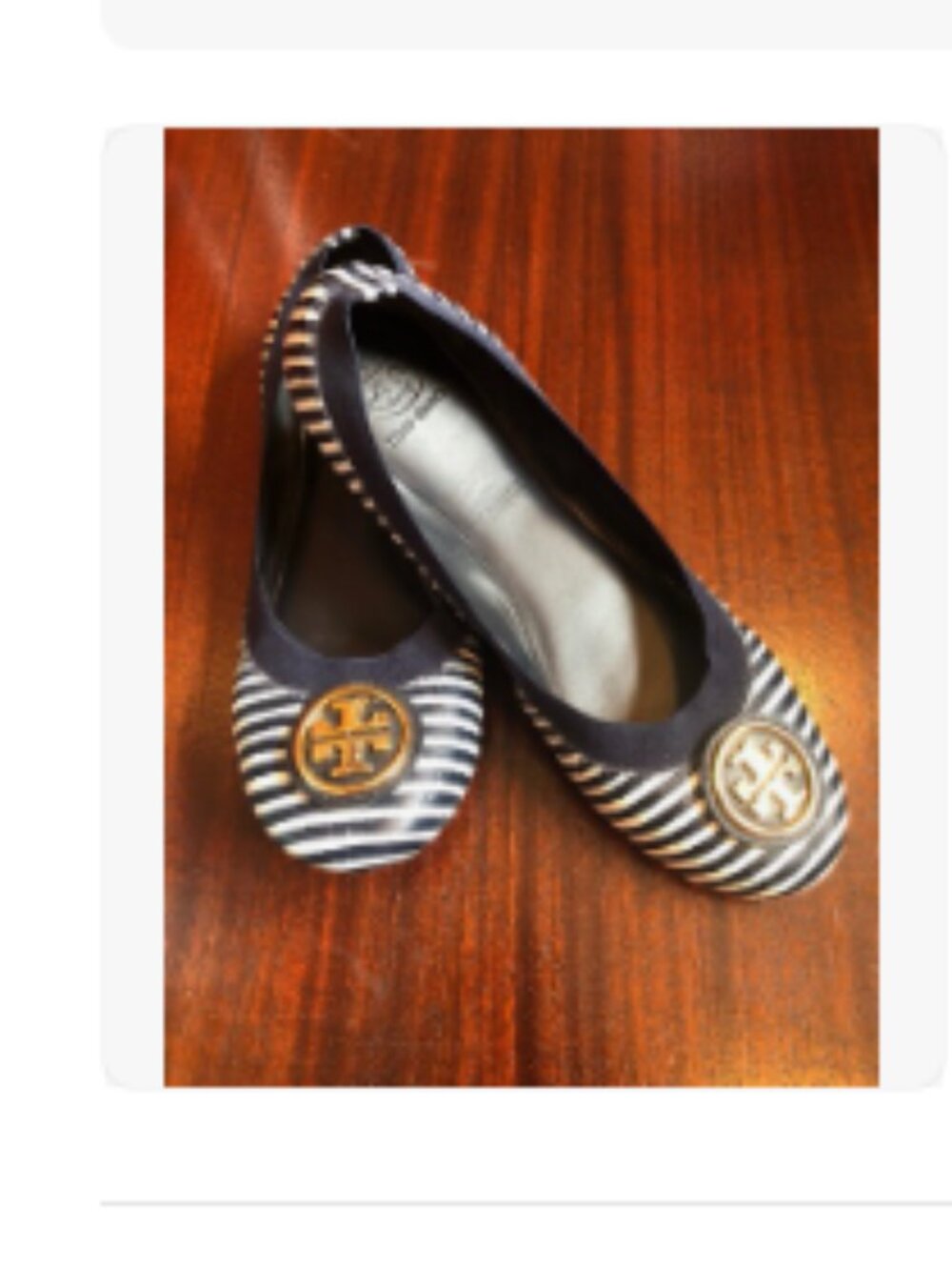TORY BURCH leather navy blue & Caroline white stripe ballet flat, 9